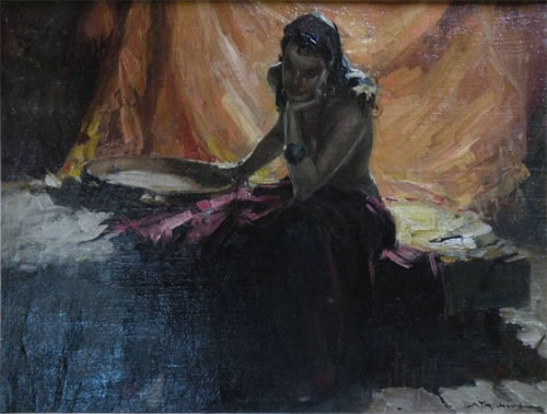 Oil on canvas for sale : Portrait of woman with tambourine - Durango Togo Richard