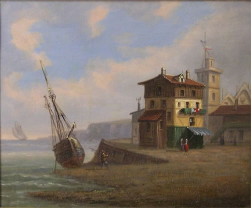 Sale of old paintings : Quay on the Nordic coast